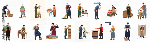 Diverse set of flat vector characters engaged in traditional cider making and apple harvesting activities, from pressing fruit to bottling the final product.