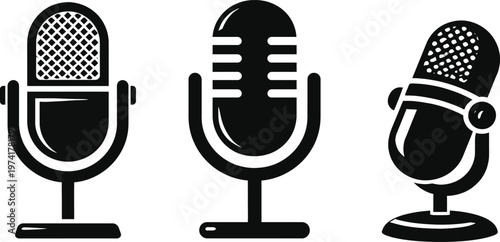 Vector icon of vintage microphone - Solid vector icons - Clipart, sticker - icon set
Microphone vector icon set with vintage and modern styles for podcasting broadcasting music recording studio radio 