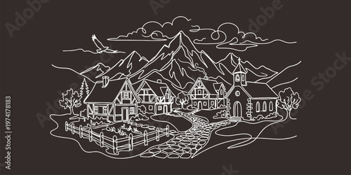 Peaceful European Village Landscape Single Line Art with Mountains