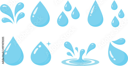 Various blue water droplets and bubbles with black outlines and glossy highlights
