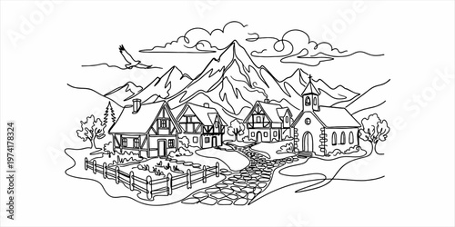 Peaceful European Village Landscape Single Line Art with Mountains