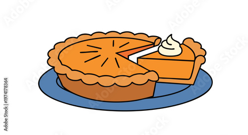 A cartoon-style depiction of a pie with a slice removed, adorned with whipped cream.  The pie is on a blue plate