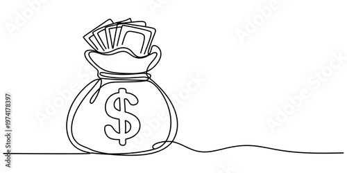 A continuous line drawing of a sack filled with paper money representing financial wealth growth