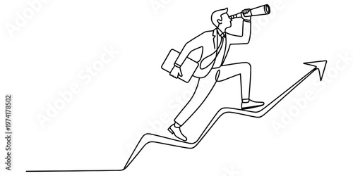A line art drawing of a determined businessman walking up an upward arrow while using telescope