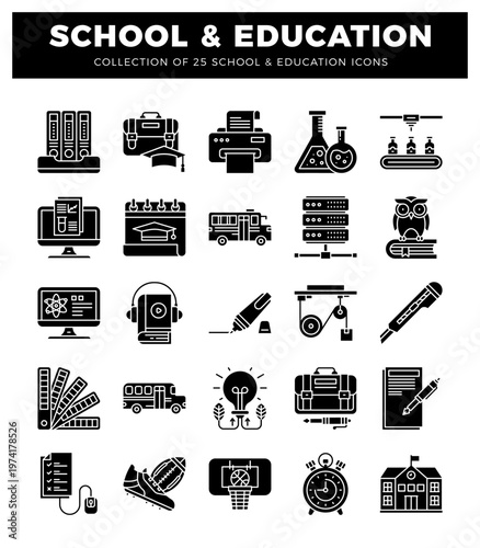 School and Education icon collection on white background. Modern flat design elements for learning and knowledge.