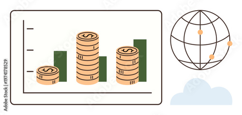 Financial management, global economy, investment, data analysis, business growth, market trends. A bar chart with stacked coins and a globe with connected dots. Financial management and global