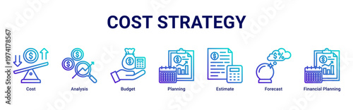 Cost Strategy web banner icon vector illustration with icons of Cost,Analysis,Budget,Planning,Estimate,Forecast and Financial Planning