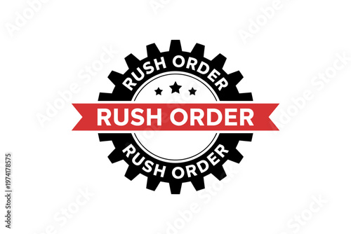 Rush order gear badge with red banner and white text