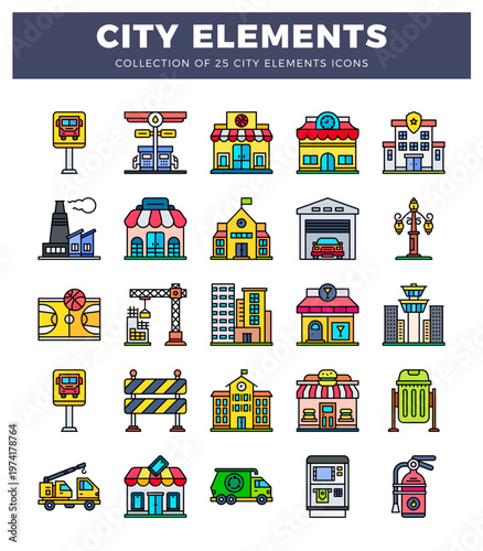 city element icons. flat design with colorful buildings. vehicles. and street furniture.