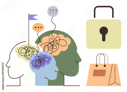 Mental health, cognitive challenges, consumer privacy, data security, e-commerce, social behavior. Abstract heads with tangled thoughts, speech bubbles lock and shopping bag. Mental health