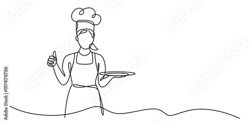Continuous line drawing of a professional chef holding a plate with a thumb up gesture illustration