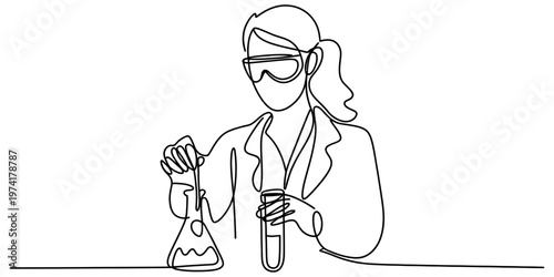 A single continuous line drawing of a female scientist working with glass laboratory equipment