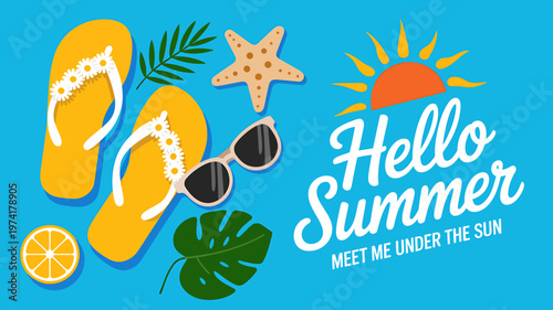Hello Summer vacation concept with flip flops and sunglasses on blue background