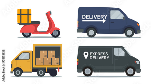 Delivery vehicles including scooter truck van and motorcycle with packages