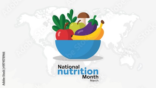 National Nutrition Month March healthy food bowl with fruits and vegetables illustration