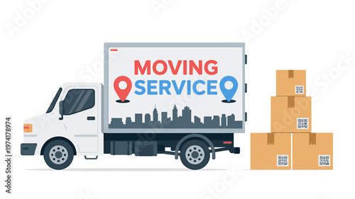 Moving service truck with boxes on white background for logistics concept