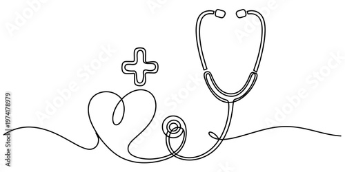 A minimalist single line drawing of a medical stethoscope paired with a heart and a cross symbol