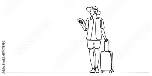 A continuous line drawing of a male traveler wearing a hat and holding a suitcase for vacation