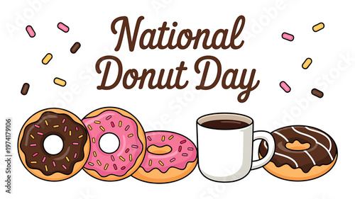National Donut Day celebration with donuts and a cup of coffee