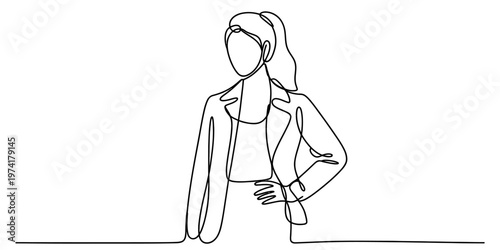 Minimalist continuous line drawing of a confident woman standing in a professional jacket attire