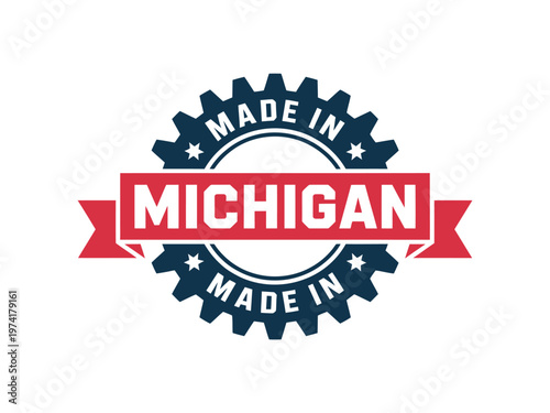 Michigan made in USA state symbol with gear and ribbon logo design