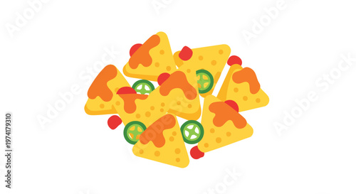A cluster of golden-yellow triangular snacks is arranged on a white background, topped with sauce, jalapenos and small red elements