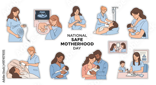 A vector illustration showcasing National Safe Motherhood Day with a set of scenes depicting prenatal care, childbirth, and postnatal support, rendered in a soft color palette