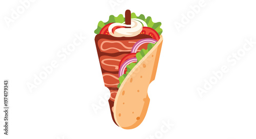 A vector graphic depicts a partially wrapped sandwich filled with layers of grilled meat, fresh vegetables, and a creamy sauce