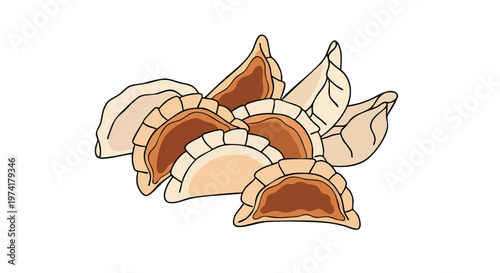 A cluster of several cooked, half-moon shaped food items, possibly dumplings, with tan exteriors and darker filling