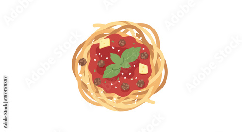 A top-down view of pasta with red sauce, meatballs, basil, and cheese. The spaghetti is arranged in a circular shape