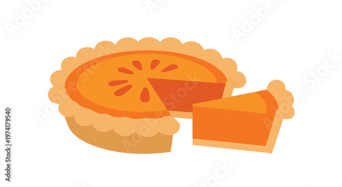 Illustration of a whole pie with a slice cut out and next to it. It has an orange color for the filling and crust