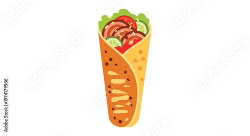 A cartoon depiction of a wrap, with various colorful fillings like tomatoes, cucumber, lettuce, and brown meat, all neatly inside