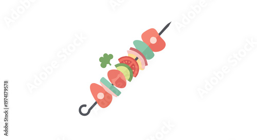 A colorful skewer with various vegetable slices. The image showcases tomatoes, cucumbers, onions, and meat, arranged on a metal stick