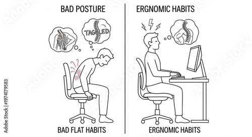 Ergonomic vs Bad Posture Habits at Workstation.