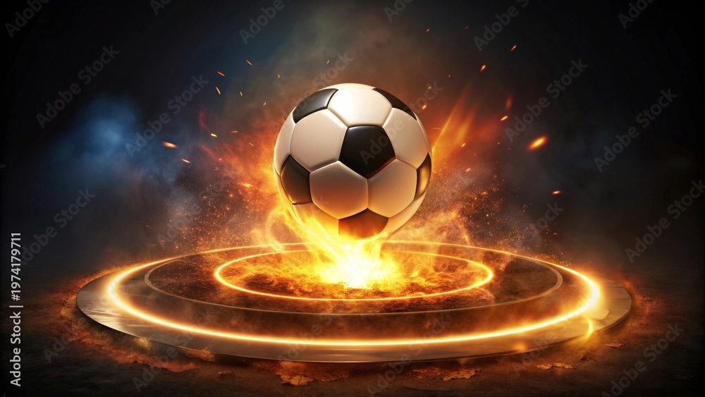 Fototapeta premium Fiery Football Descent A Soccer Ball Explodes in a Ring of Fire, Creating a Dramatic and Energetic Visual