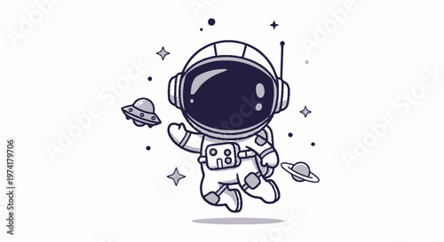 Cute Cartoon Astronaut Floating in Space with Spaceships and Stars.