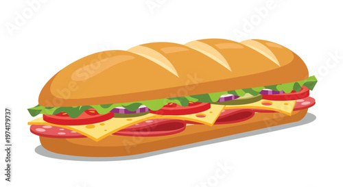 A vibrant illustration of a fully loaded, appetizing sandwich. Featuring layers of toppings, and cheese, this food item is a perfect snack