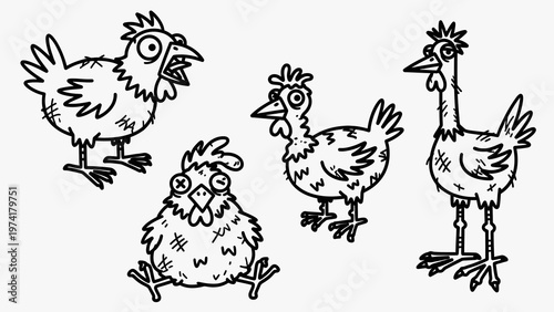 Funny Cartoon Crazy Chickens Silly Exaggerated Expressions Vector Set