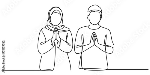 A single continuous line drawing of a muslim couple standing together with hands held in prayer