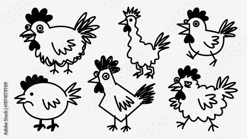 Playful Black White Cartoon Chickens Funny Exaggerated Poses Vector Set