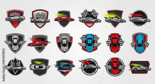 Collection of Racing Car Emblems and Badges with Shield Shapes.