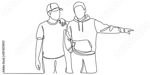 Continuous line drawing of two friends standing together with one person pointing towards side