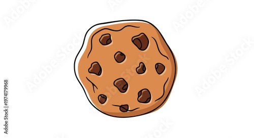 A flat, animated, cartoon-style illustration of a circular cookie with chocolate chips. The cookie is brown with darker flecks