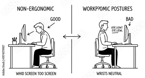 Ergonomic vs Non-Ergonomic Work Postures Comparison Illustration.