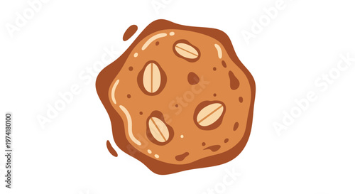 A simplified, cartoon illustration of a cookie with oval-shaped, light-colored nut inclusions. It has a glossy, brown glaze