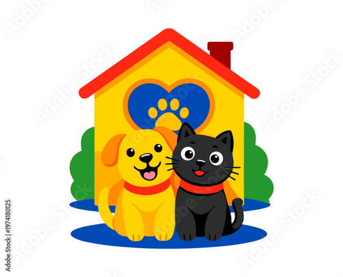 Pet house with dog and cat at home. Animal care and shelter concept. Cozy home with pets representing safety and care.