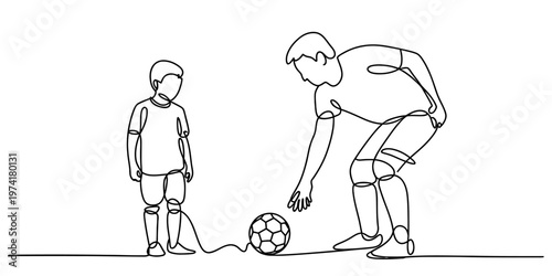 A single continuous line drawing of a father coaching his young son during a soccer practice session