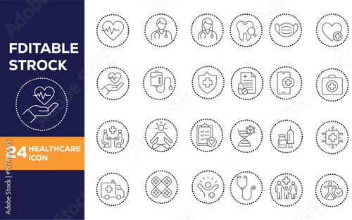 A collection of 24 editable stroke healthcare icons depicting various medical fields and services in a circular design high-quality professional detailed modern elegant

