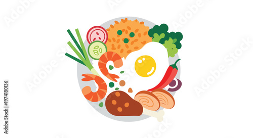 A colorful, flat illustration of a plate featuring rice, vegetables, seafood, a fried egg, and a piece of meat. The meal is served on a gray plate against a white background