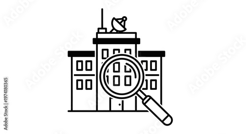 Magnifying glass over building icon.